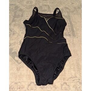 Longitude Women's Sz 12 One Piece Swimsuit Black Gold Trim Built In Bra